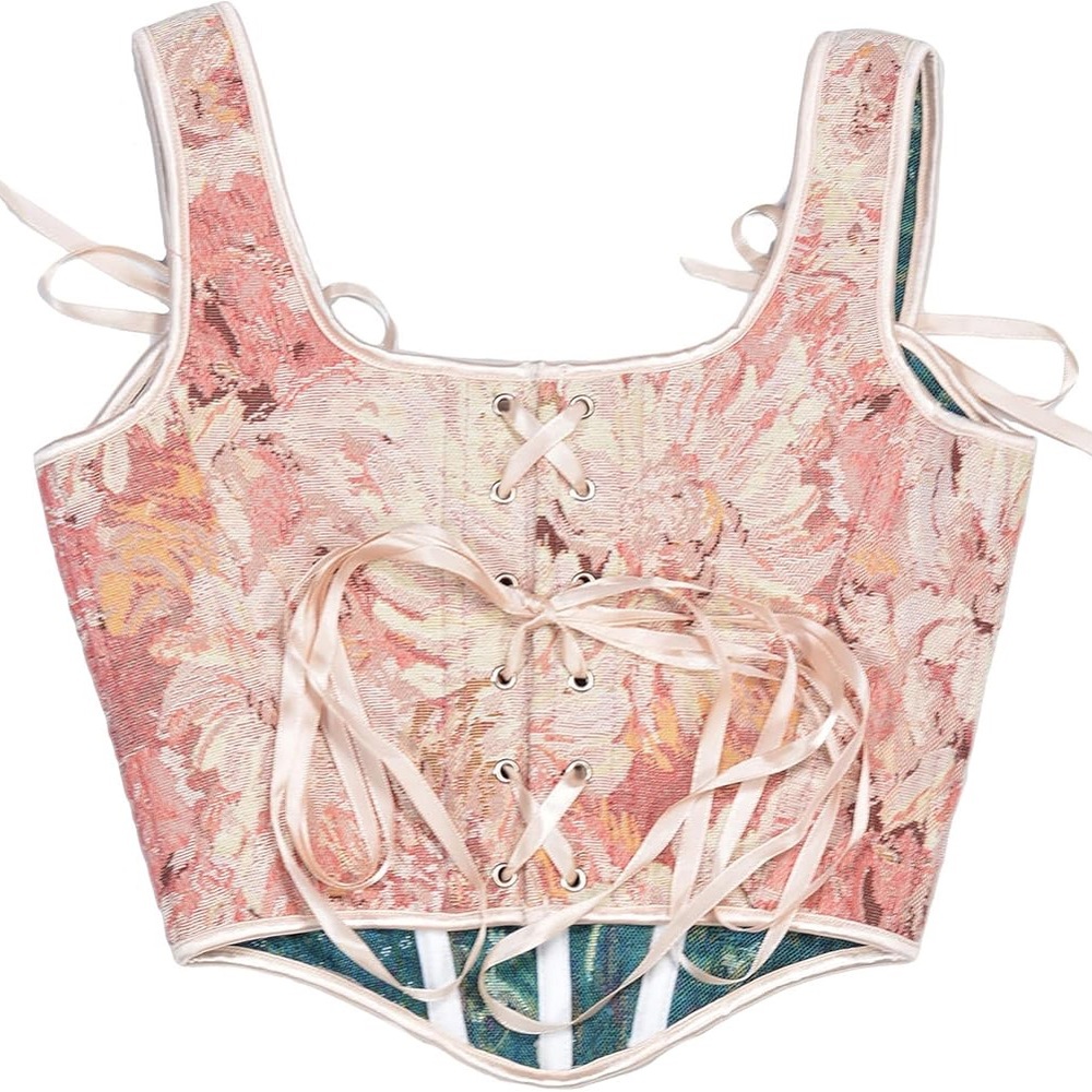 Scarlet Darkness Floral Lace-Up Corset- Pink and Cream, Size 12